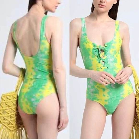 NWT GANNI Tie Dye Lace-up Green Yellow One-piece Swimsuit Sz 42 - Picture 1 of 7